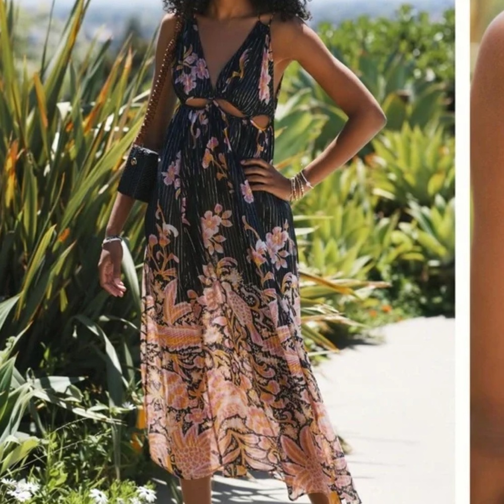 Anthropologie Black Floral Maxi Dress with Pink and Yellow Accents